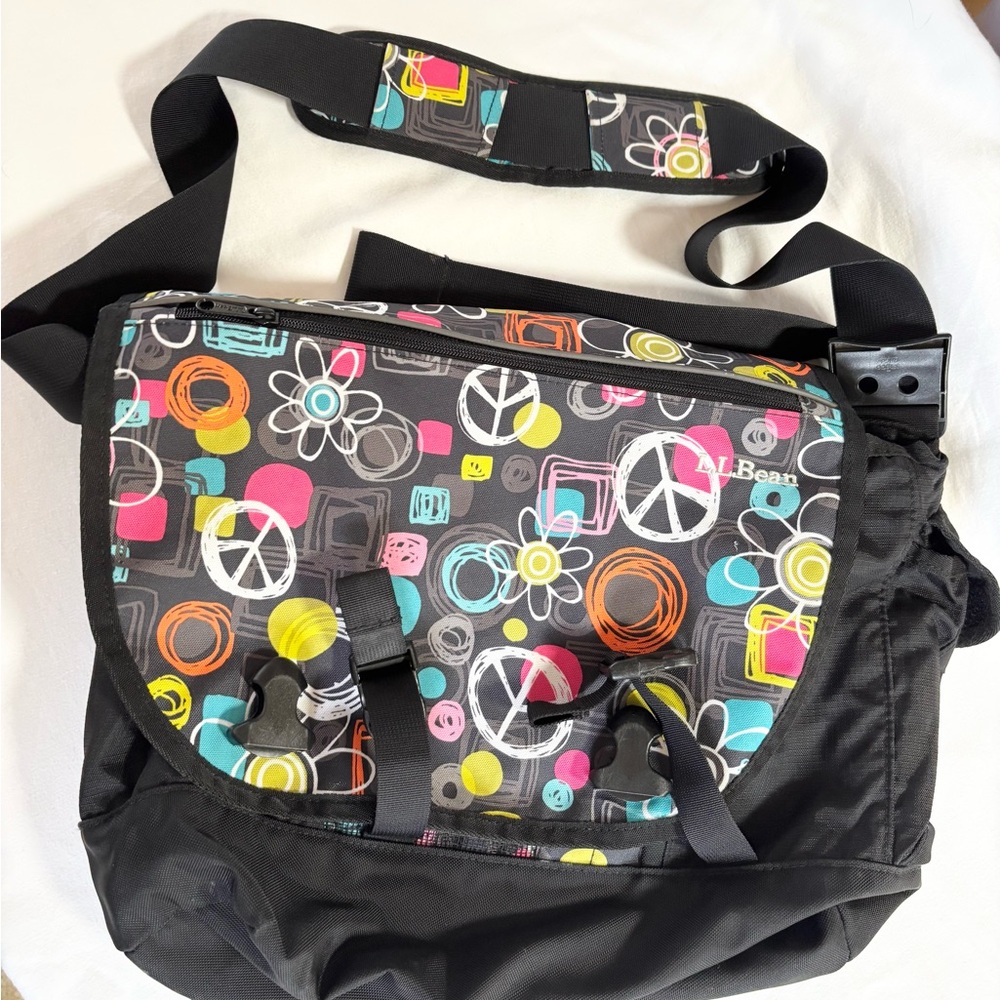 L.L. Bean Black and Multicolor Graphic Messenger Bag